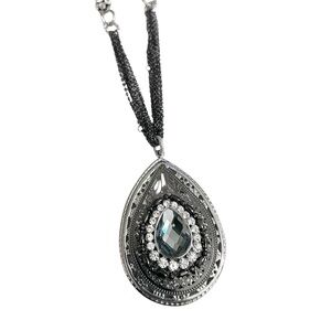 Silver-Tone Teardrop Pendant Necklace with Black and Clear Crystals